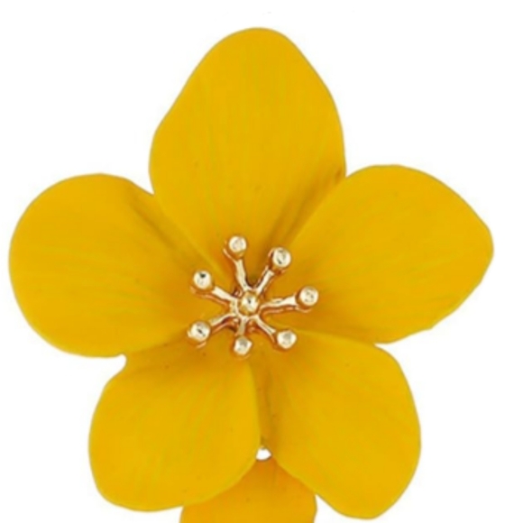 Big Yellow Double Flower Statement Earrings 3D Hibiscus Sakura Blossom Flowers - Picture 3 of 4